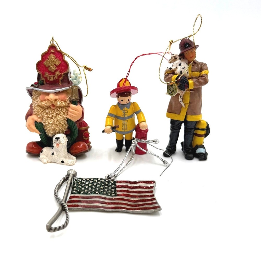 Firefighter Gnome Fireman American Flag Christmas Ornament Set 4 pcs Collectible